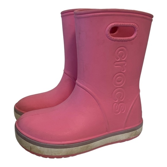 Kids Pink Crocs Rain Boots Size 3 - Picture 3 of 10